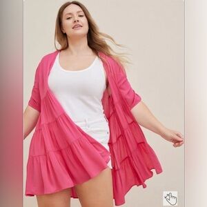 Torrid Ruffle Tiered Kimono - Crinkle Gauze Neon Pink